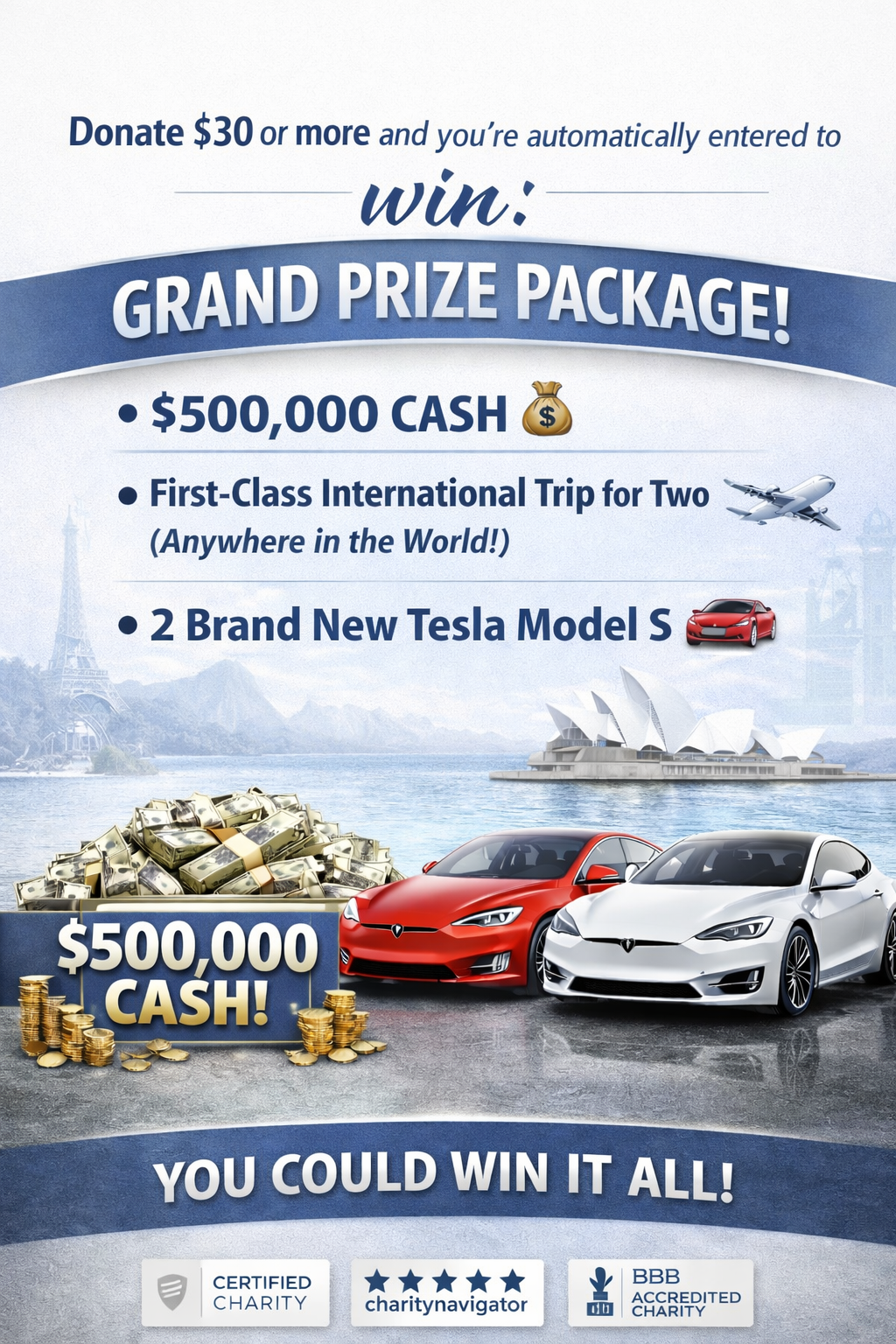 Grand Prize Package: $500,000 CASH, First-class international trip for two, 2 Brand New Tesla Model S